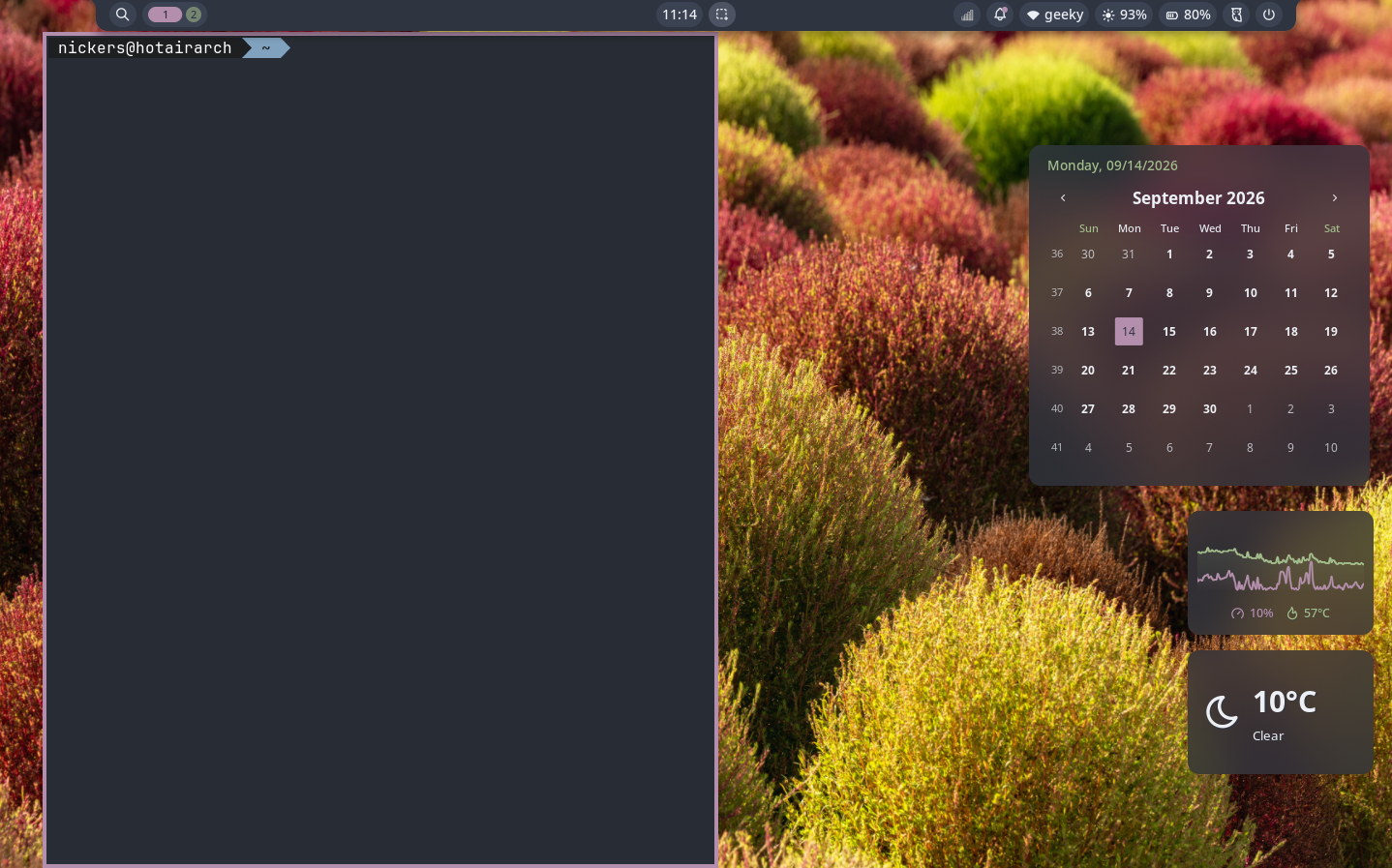 Minimal Niri desktop environment with Ghostty terminal, calendar and weather widgets