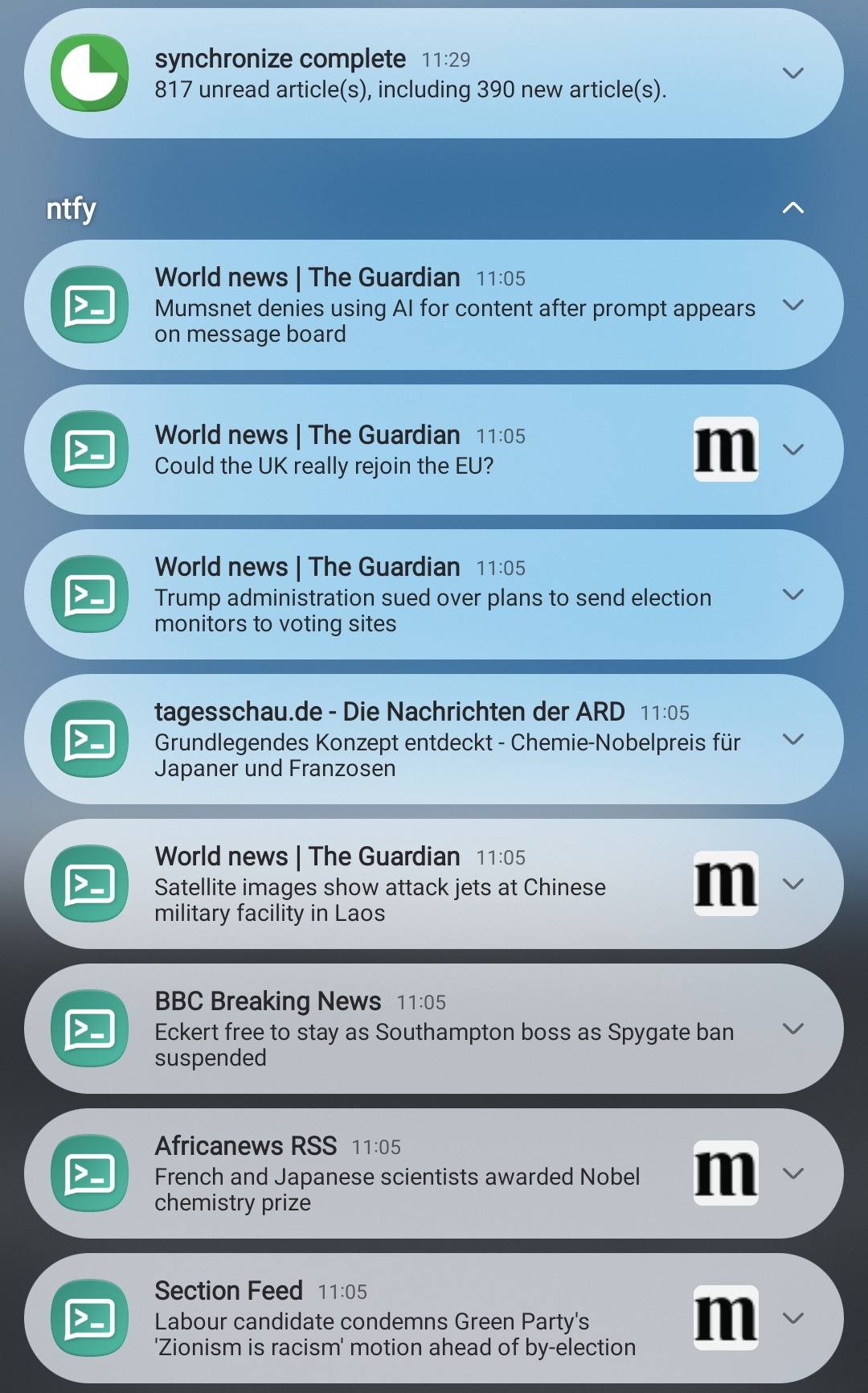 ntfy notification panel showing breaking news from The Guardian, tagesschau, BBC, Africanews